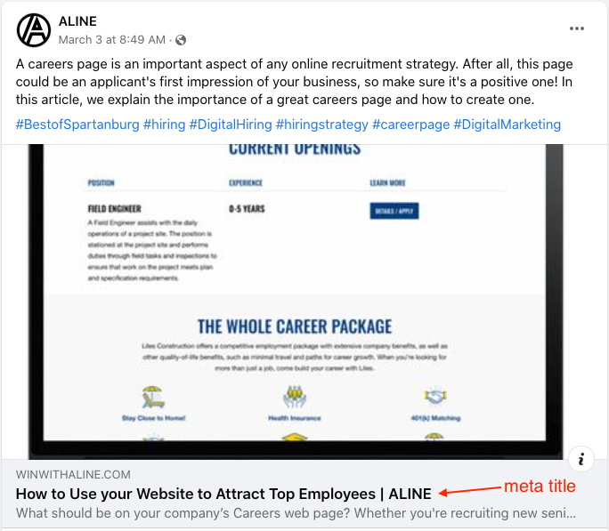 Facebook post with a website link with the meta data labeled.