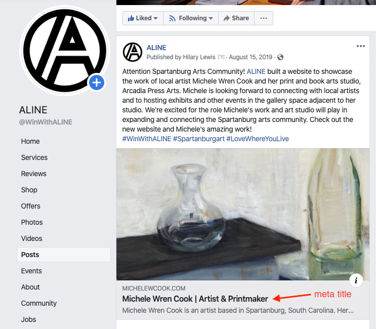 Facebook post with a website link with the meta data labeled.