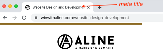 Screenshot of website browser with meta title labeled.