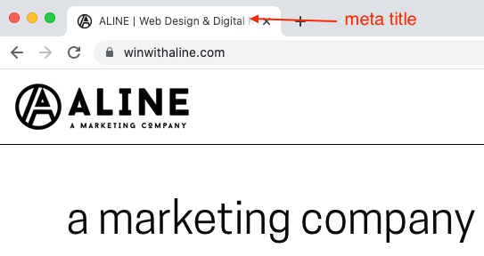Screenshot of website browser with meta title labeled.